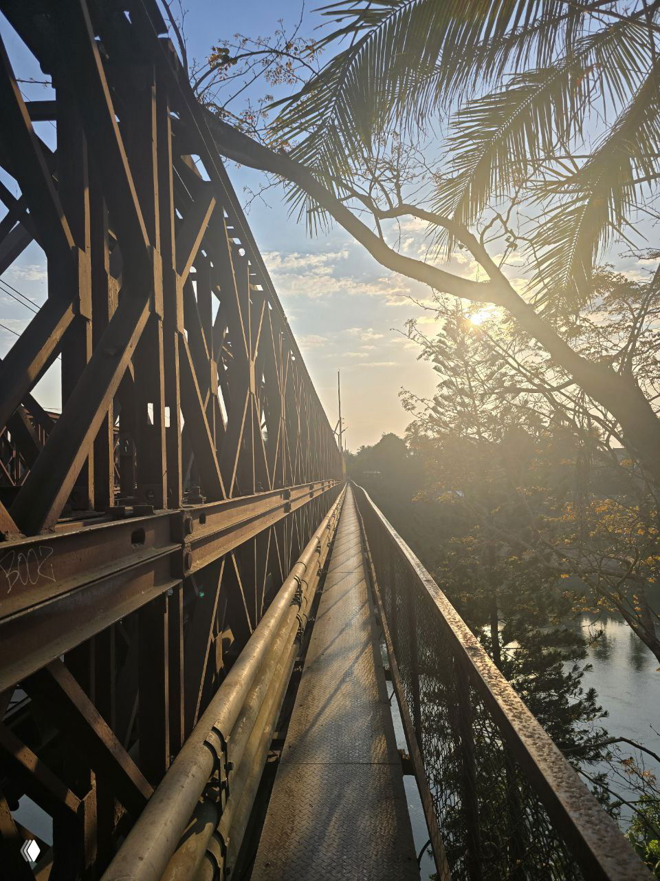 Пешеходный стальной мост вдоль реки в лучах заходящего солнца, металлические конструкции, сетка ограждения и силуэты пальм и деревьев — вечер в городе.