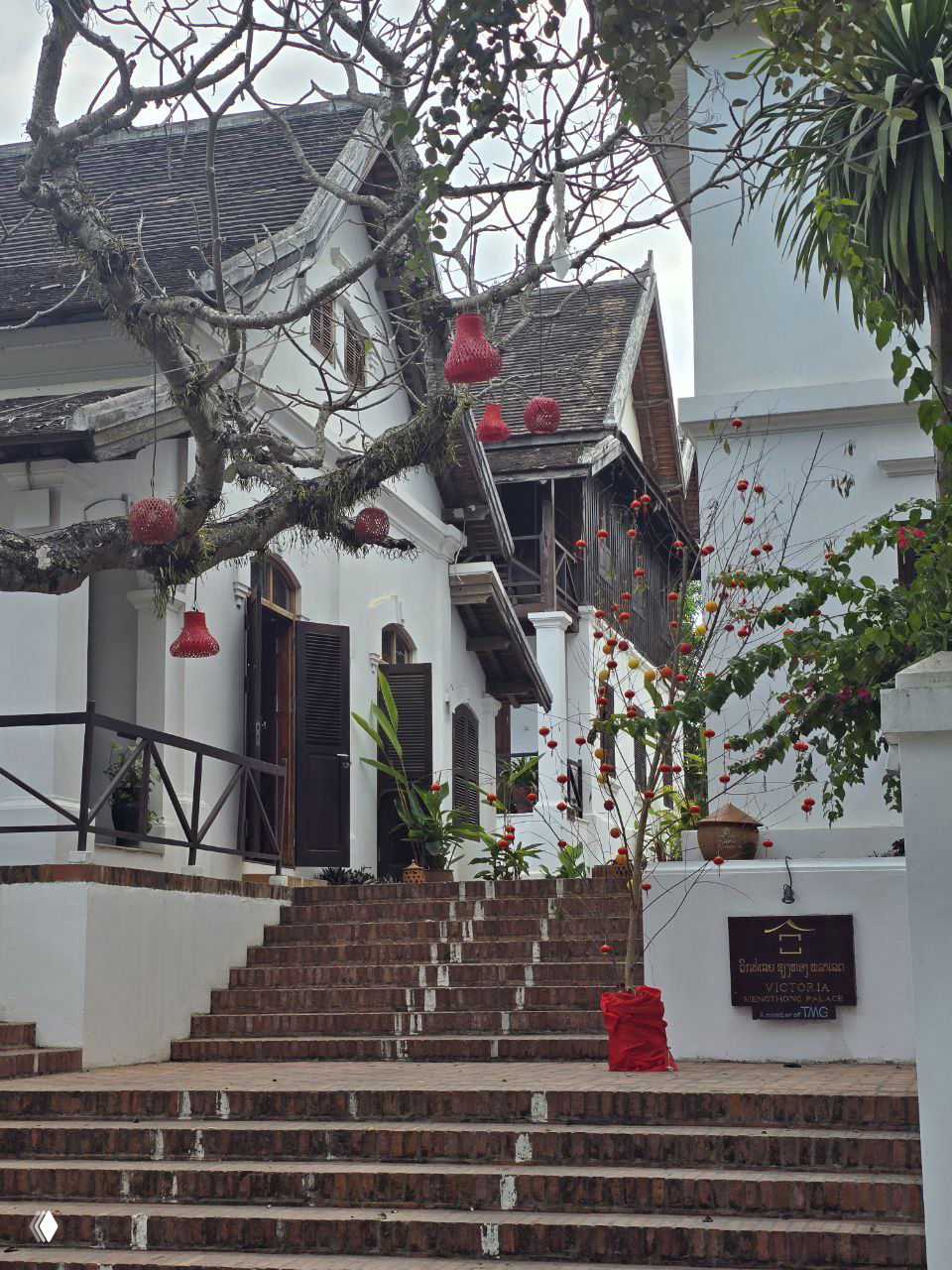 Белые колониальные здания и ступени в старом городе Луанг Прабанга, украшенные красными фонариками и растительностью у входа — уютная архитектура.