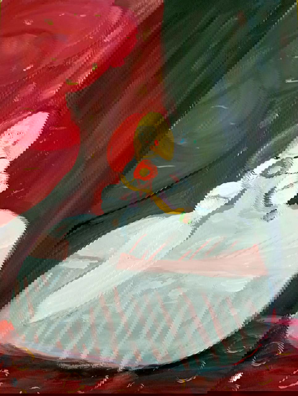 Картина маслом/гуашью: девочка в пышном платье на тёмном театральном фоне, крупные мазки и декоративные элементы, работа на несколько занятий.