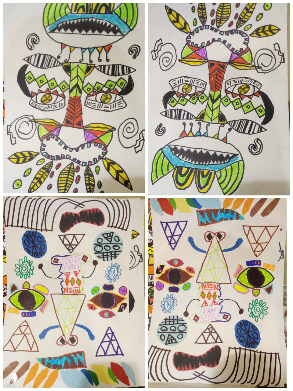 Несколько маркерных работ с масками и абстрактными элементами: глаза, носы и геометрические узоры на белых листах в вертикальной компоновке.