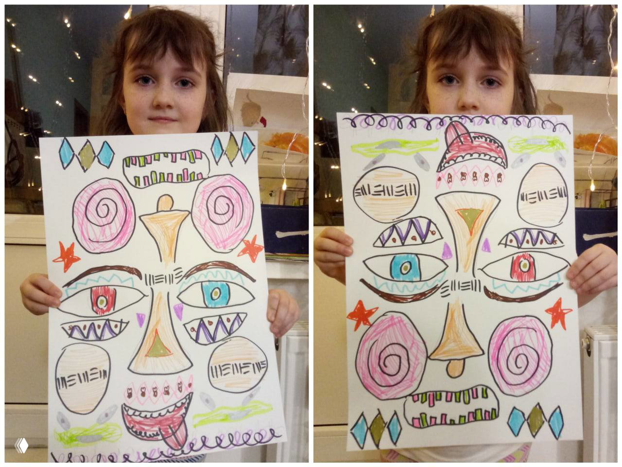 Две маски с голубыми лицами и коричневыми бородами, выполненные маркерами; видно индивидуальные вариации носов и узоров у детей.