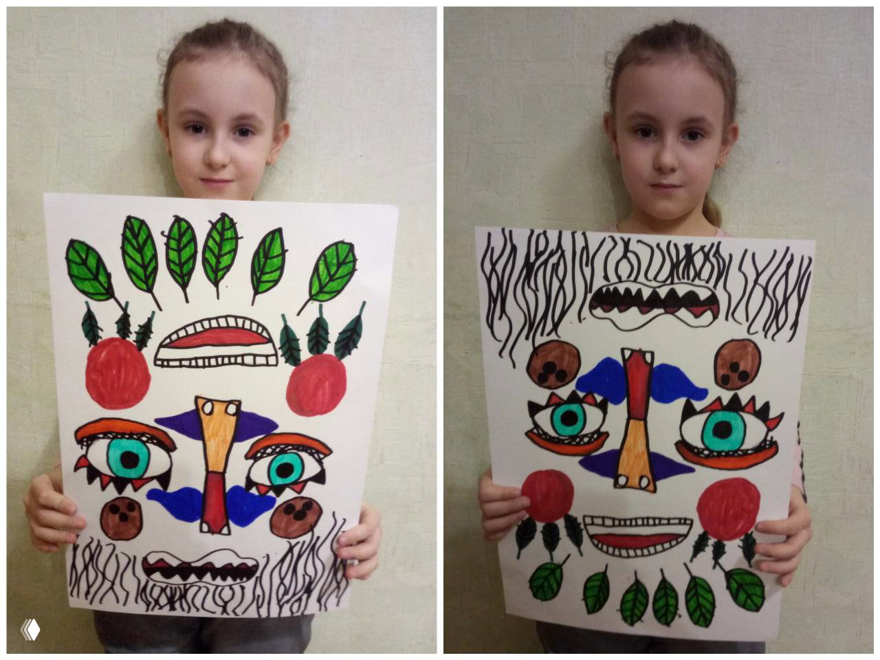Фотографии детей, держащих листы с масками, выполненными маркерами; видно радостные лица, размеры работ и оформление узоров.