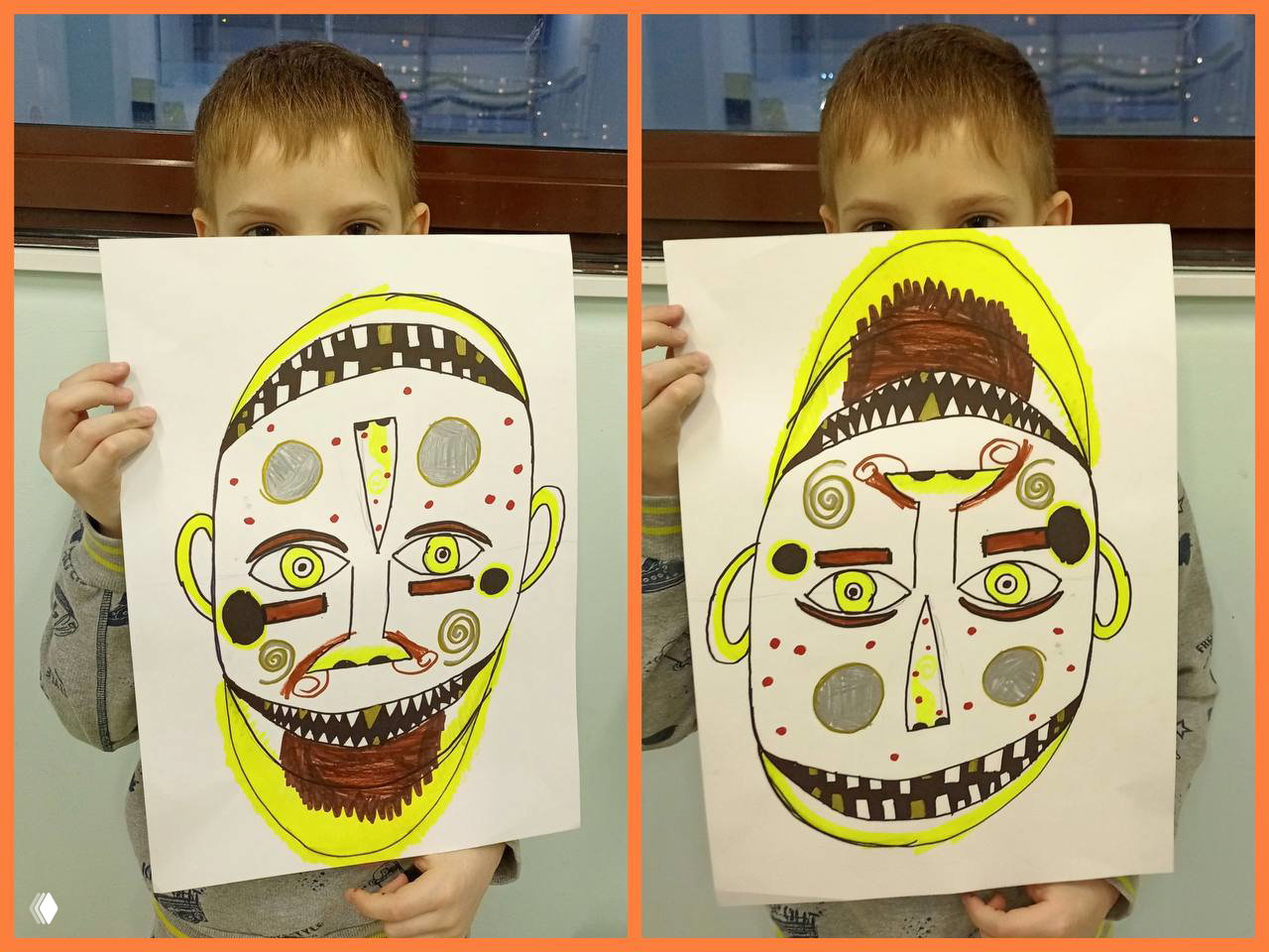 Мальчик держит два листа с «перевертыш»-масками, маркерные рисунки на белом фоне; видны глаза, носы, узоры и рты в разных вариантах.