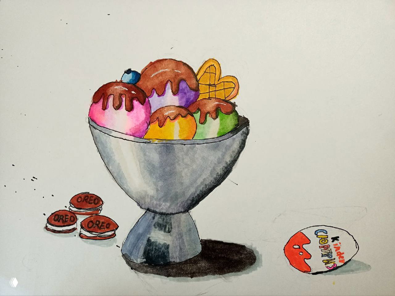 Нарисованный маркерами натюрморт: миска с разноцветным мороженым и печеньем, демонстрирует работу с тенями и перетеканиями цвета.