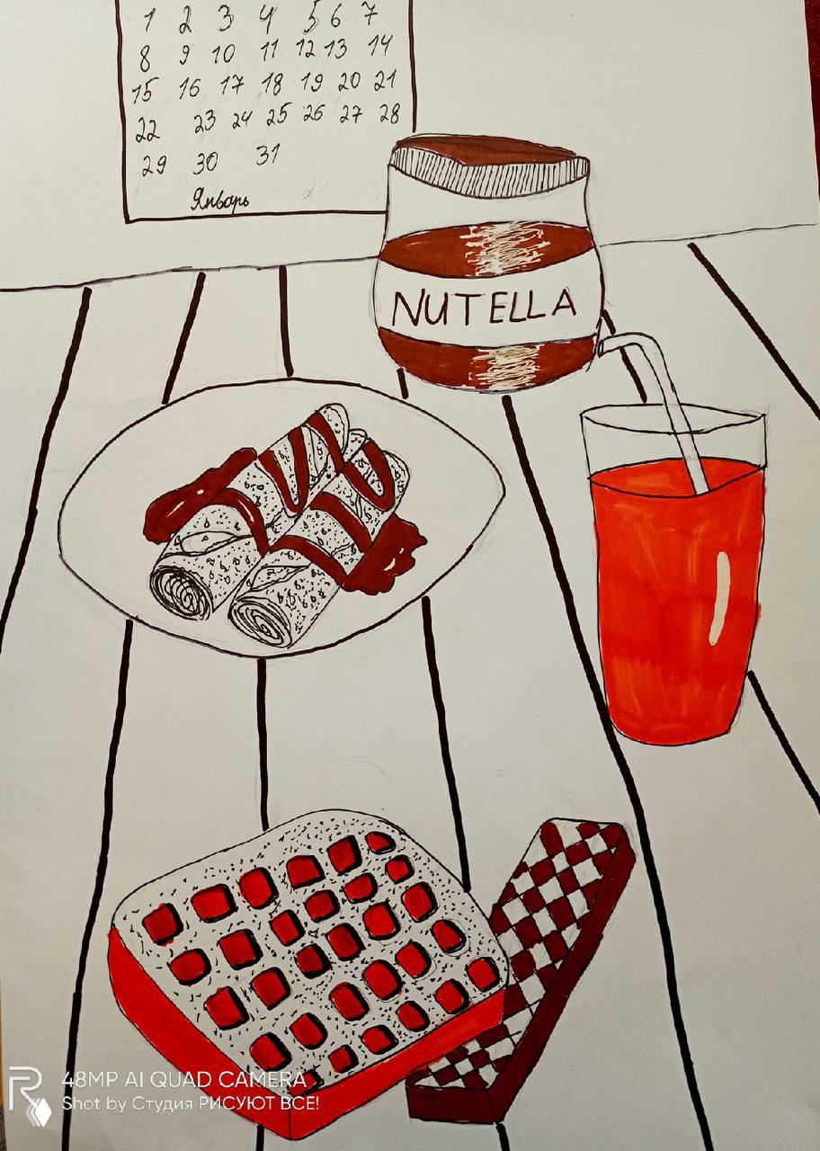 Черно-красный натюрморт маркерами: вафли, стакан с напитком и банка Nutella, показана работа с контрастами и графическими линиями.