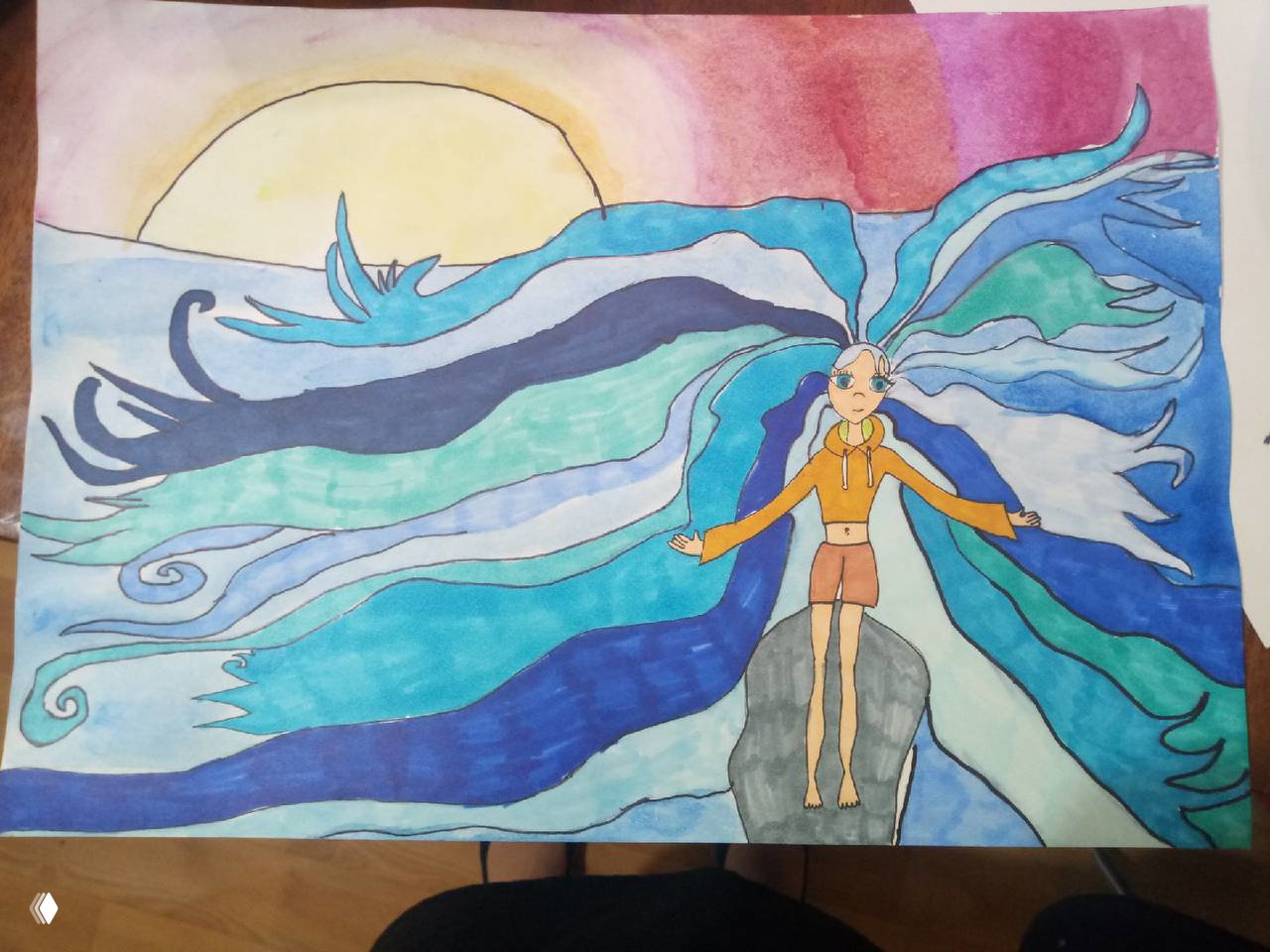 Большой форматный рисунок маркерами: фигура человека на фоне абстрактных волн и пастельных градиентов, видно сочетание тонких и широких штрихов.