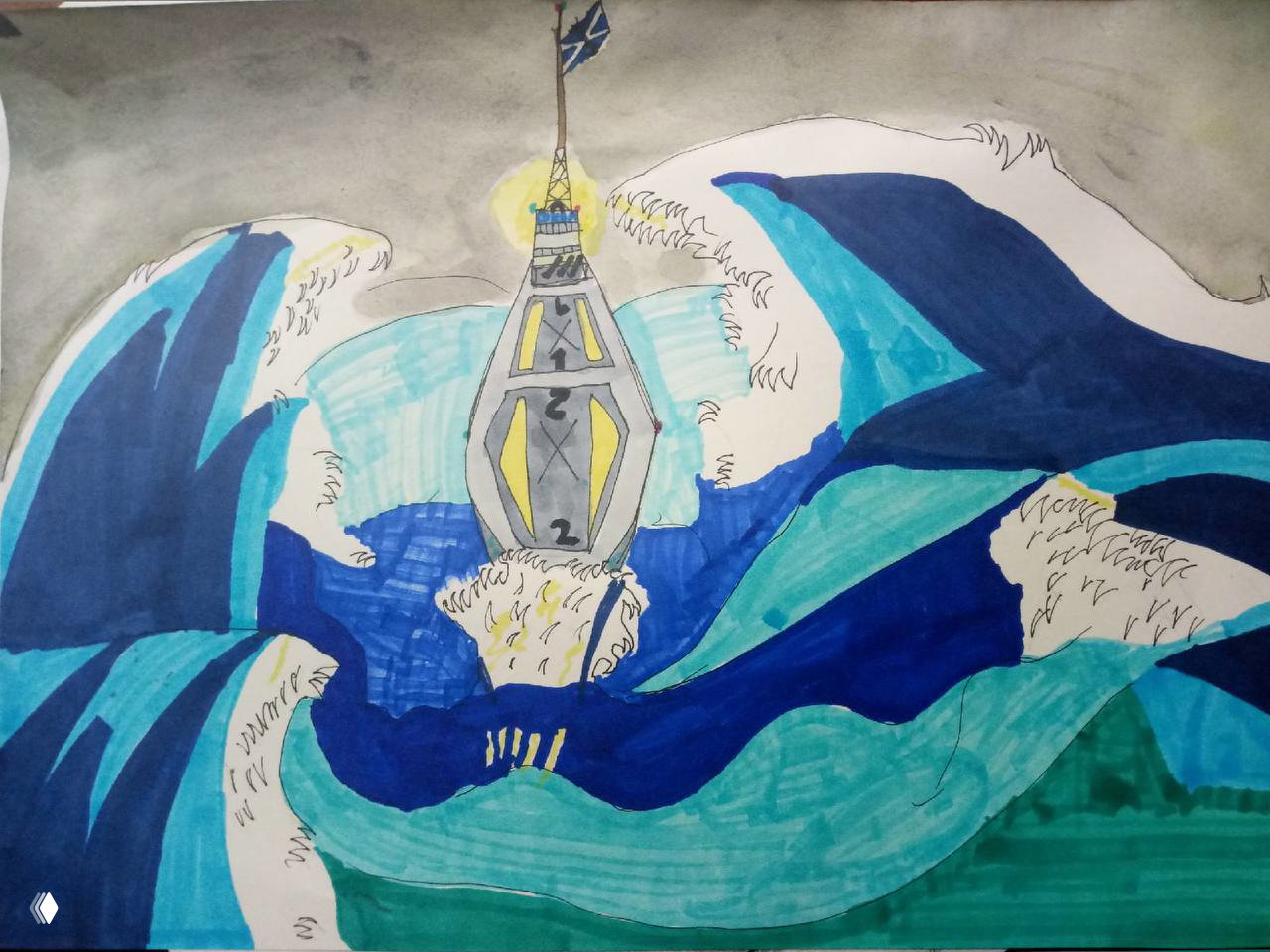 Рисунок маркерами — корабль в штормовых волнах, передана динамика волн и контрастные синие оттенки, видны контуры линера и заливки маркерами.