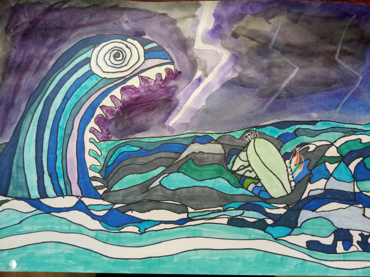 Панорамный рисунок маркерами: ночной океан и огромные волны, заметны широкие цветовые переходы, штрихи и обводки, созданные учениками.