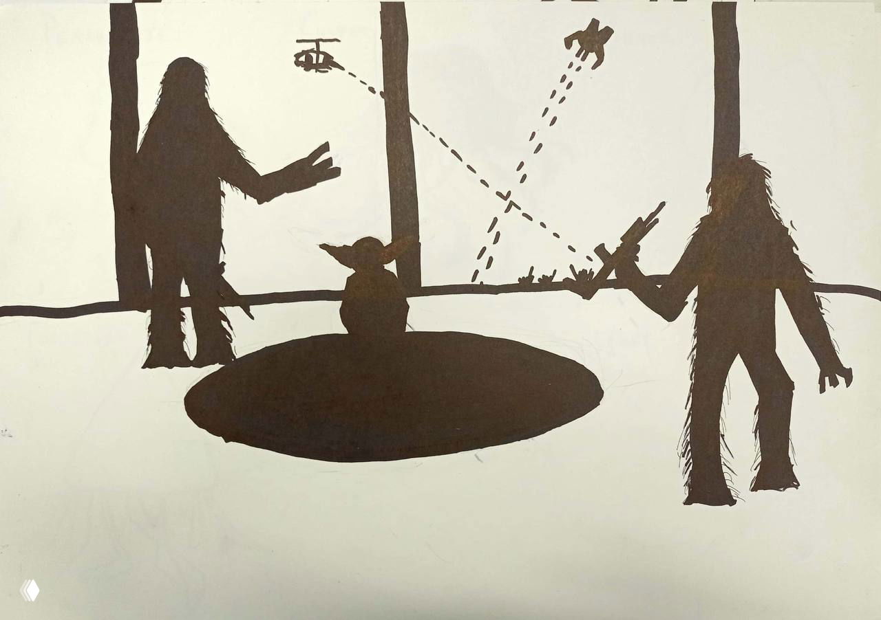 Силуэты персонажей и центральное темное пятно на фоне окна; композиция с пролетающими элементами и динамикой линий