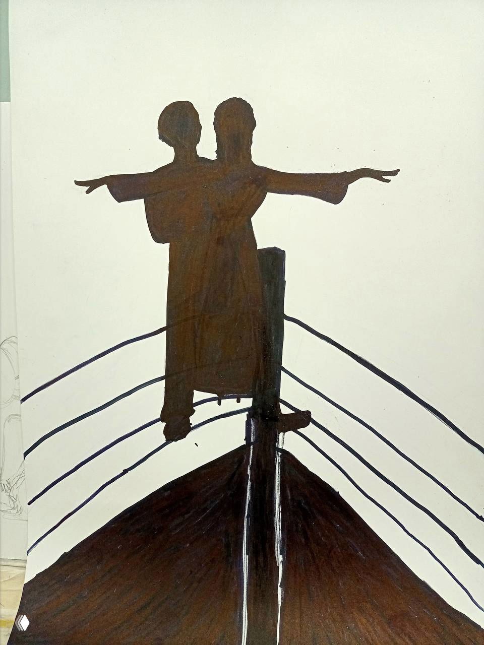 Силуэт пары на носу корабля с полосами канатов — простая графика, передающая позу и перспективу линиями