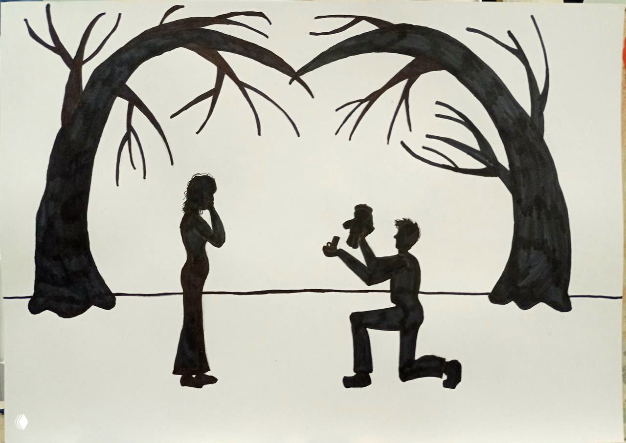 Силуэтная сцена предложения: мужчина на колене и женщина под аркой деревьев — эмоциональная композиция пятном и линией