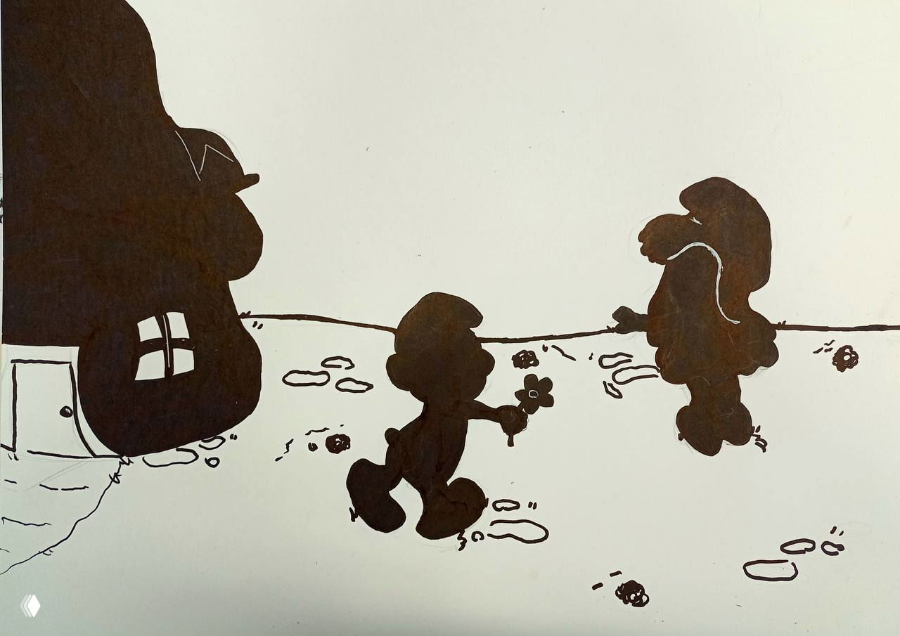 Детская сюжетная сцена: темный дом и два маленьких силуэта с цветком и следами на снегу — простые элементы рассказывают историю