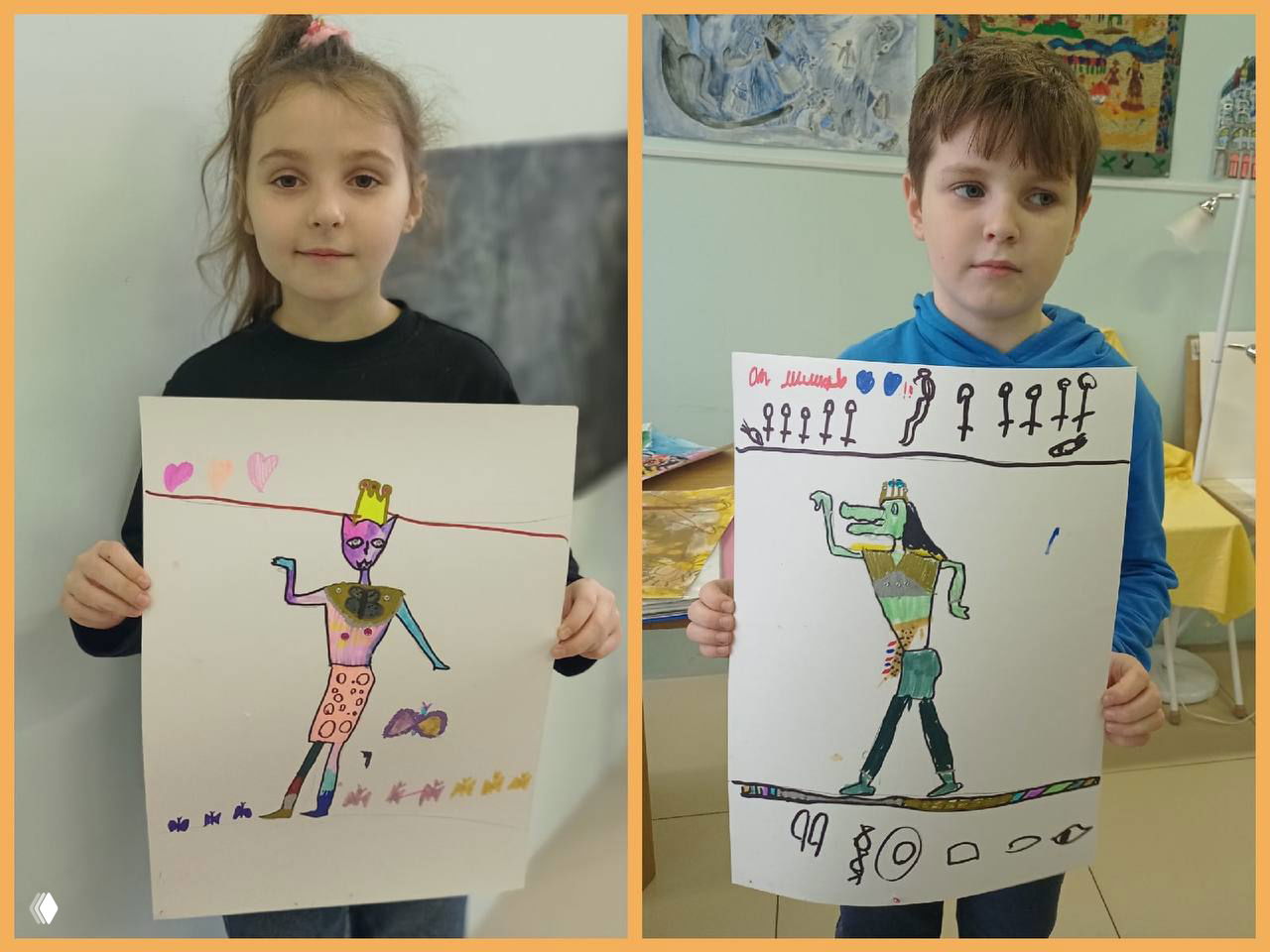 Две фотографии детей, держащих свои работы в египетском стиле: фигурные композиции, иероглифические полосы и простая цветовая палитра