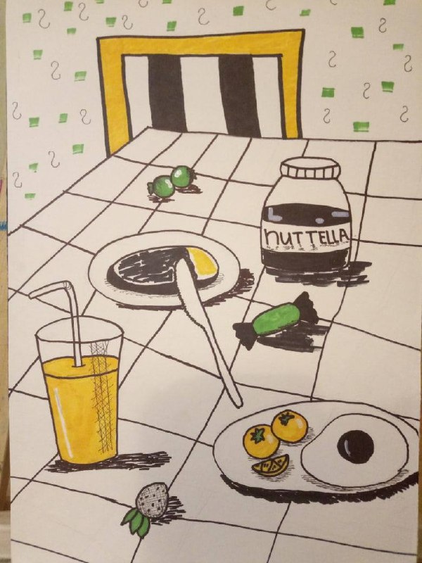 Натюрморт маркерами: блин с чёрным 'желтком', банка Nutella, стакан с соком и конфета на клетчатой поверхности — детская учебная работа.