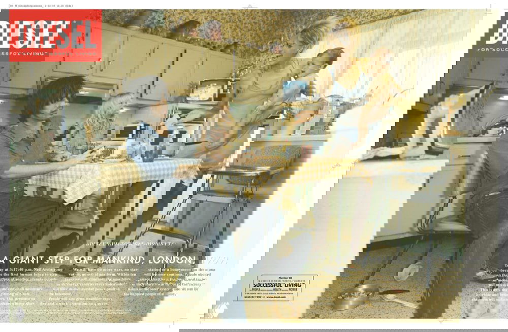 Печатная реклама Diesel: кухонная сцена с ироничной, грубой композицией, изображающая антипод идеальной семейной картинки — саркастический творческий приём.