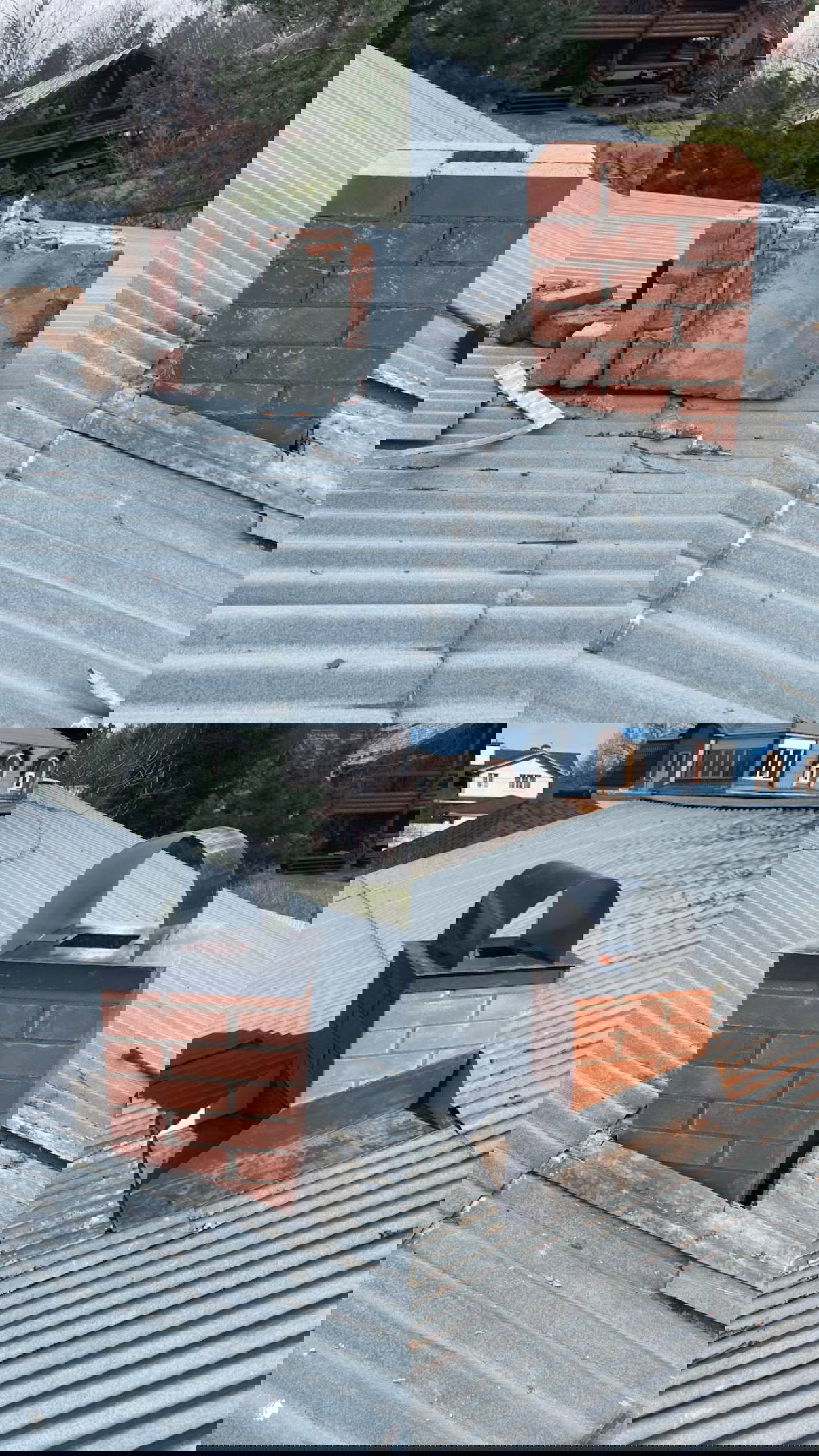 Коллаж фотографий крыши и дымохода: разрушенный старый кирпичный фрагмент, процесс ремонта и установленный кирпичный дымоход с металлическим колпаком.