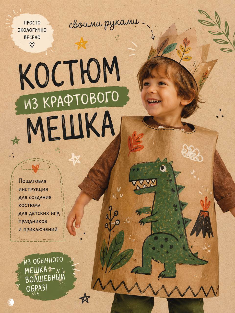 Ребёнок в самодельном костюме динозавра из крафтового мешка, раскрашенном сухой гуашью; образ на фоне инструкции и весёлая атмосфера.