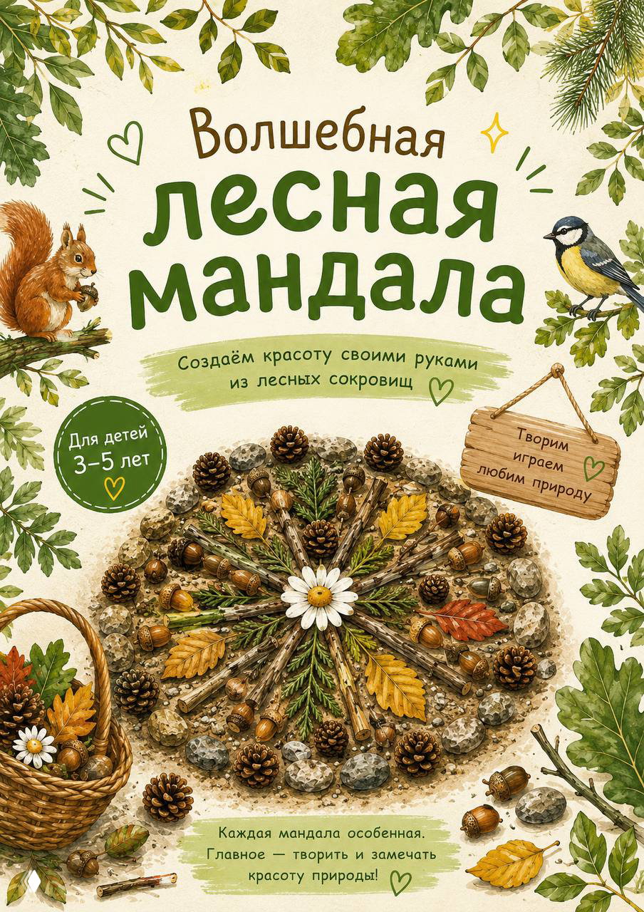 Иллюстрированная обложка инструкции «Волшебная лесная мандала» с изображением мандалы, шишек, желудей и надписью, рекомендованная для детей 3–5 лет.