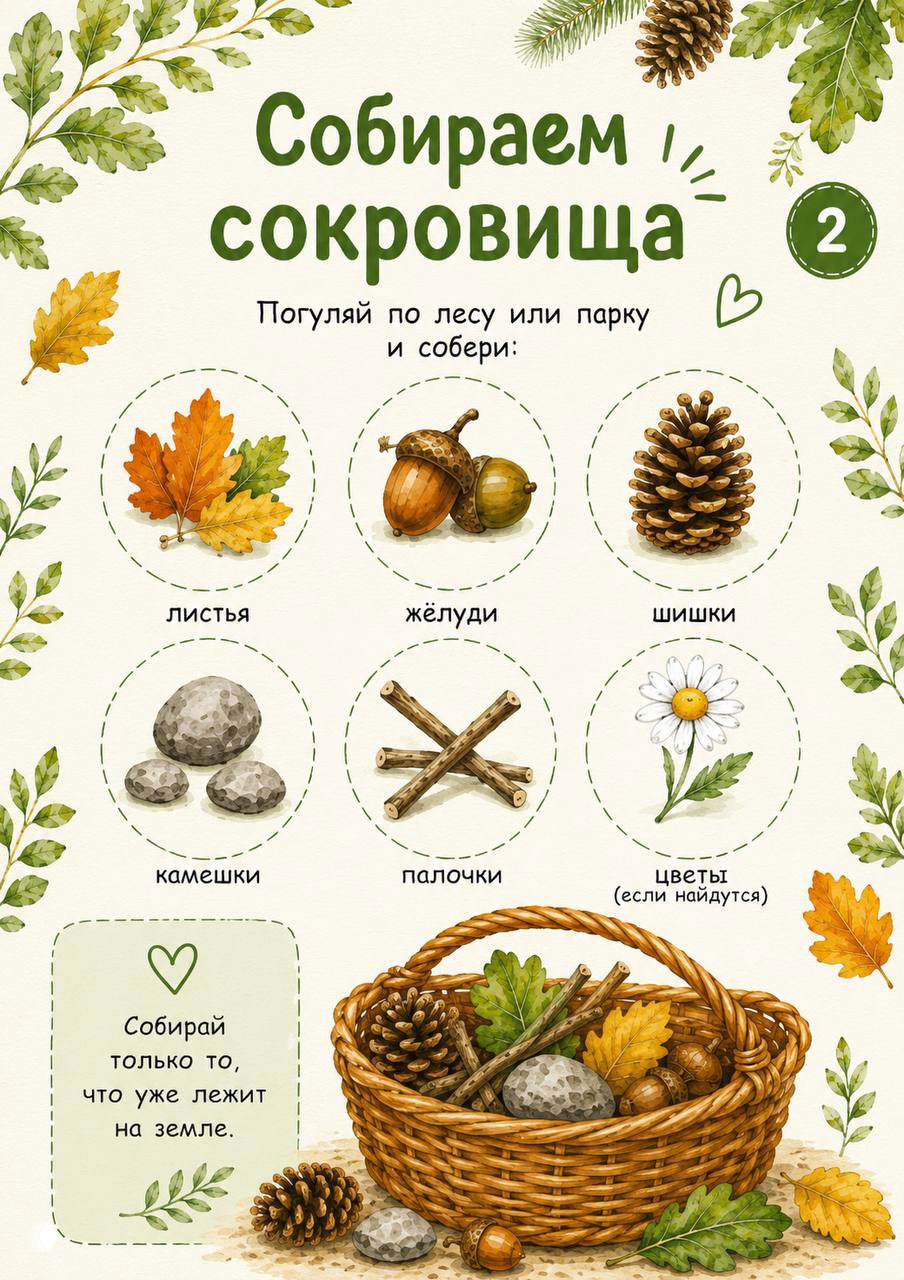 Страница инструкции «Собираем сокровища» с иллюстрациями листьев, жёлудей, шишек, камешков, палочек и цветов — список того, что можно найти в лесу.
