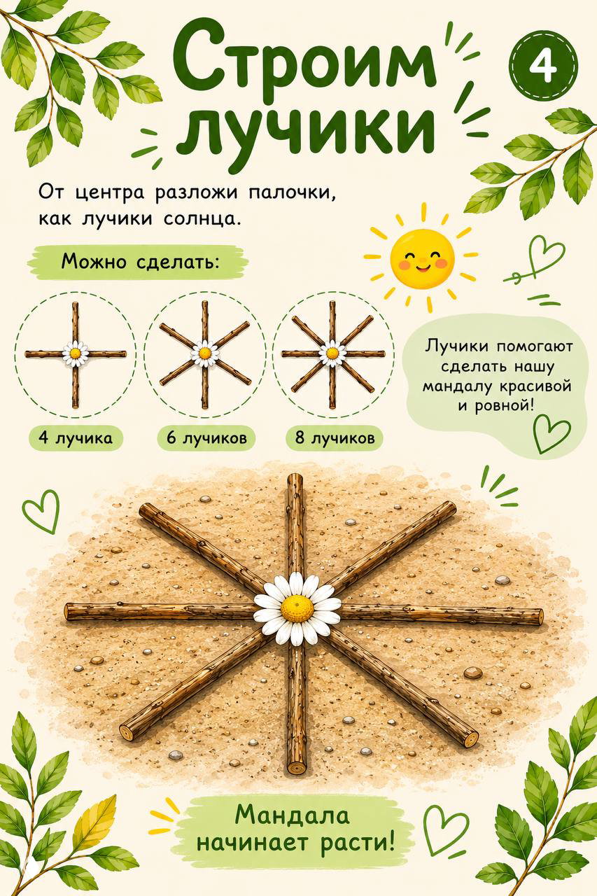 Страница «Строим лучики» с рекомендациями разложить палочки от центра как лучи солнца — варианты 4, 6 или 8 лучиков и пример выкладки.