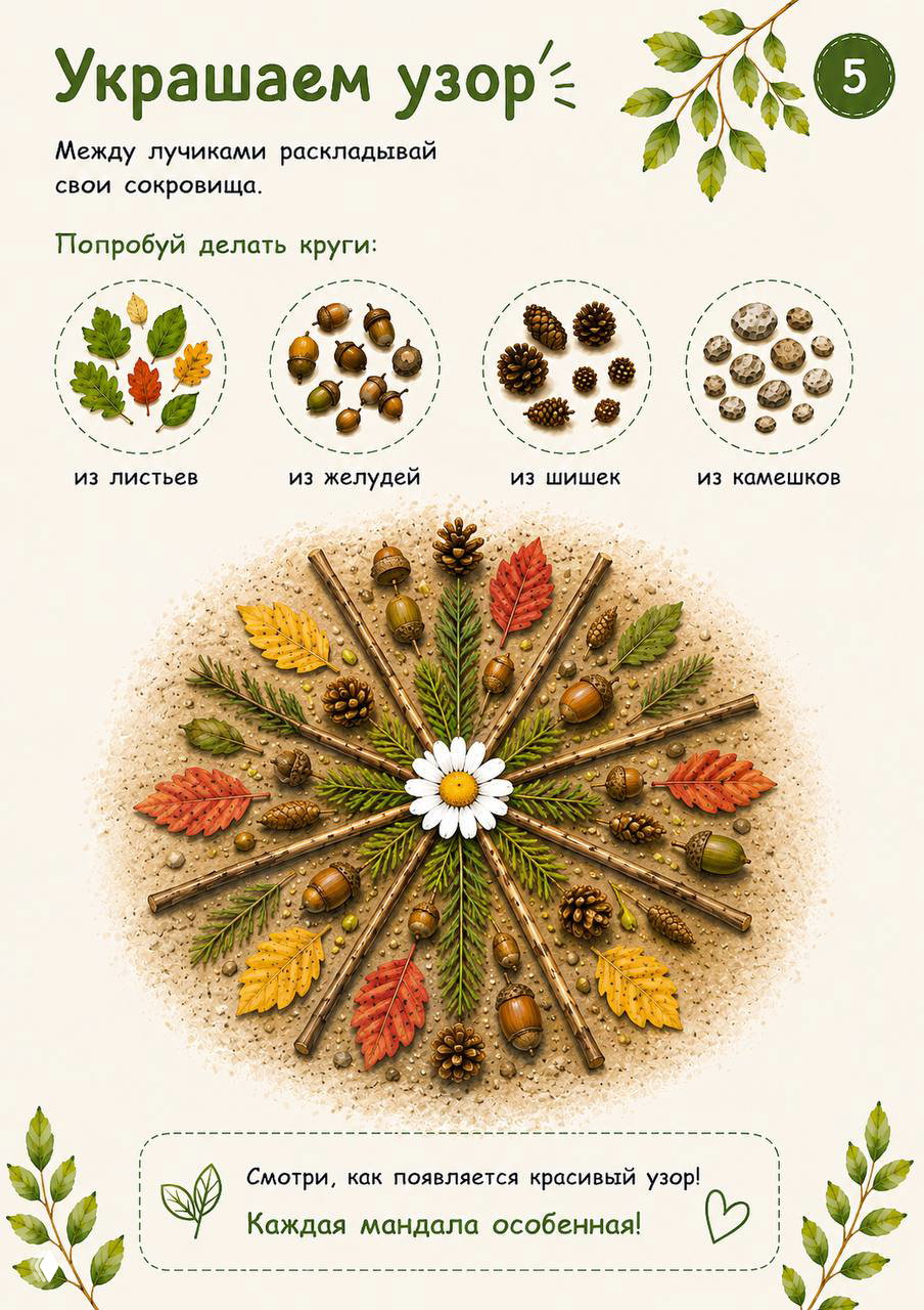Страница «Украшаем узор» — между лучиками раскладывают листья, жёлуди, шишки и камешки; на картинке показан пример круговой композиции и варианты материалов.