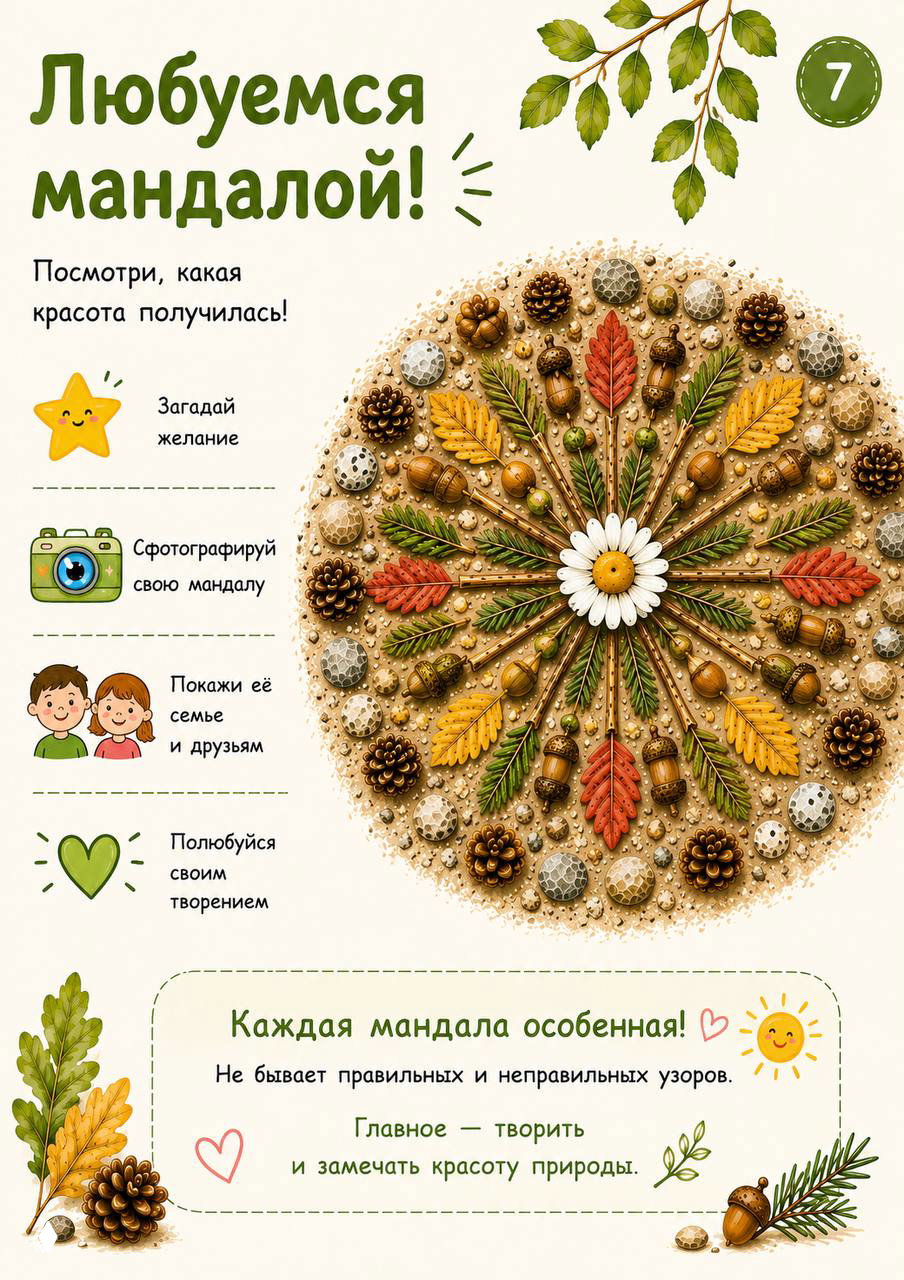 Страница «Любуемся мандалой!» с финальной фотографией мандалы и советами сфотографировать работу, показать семье и полюбоваться своим творением после прогулки.