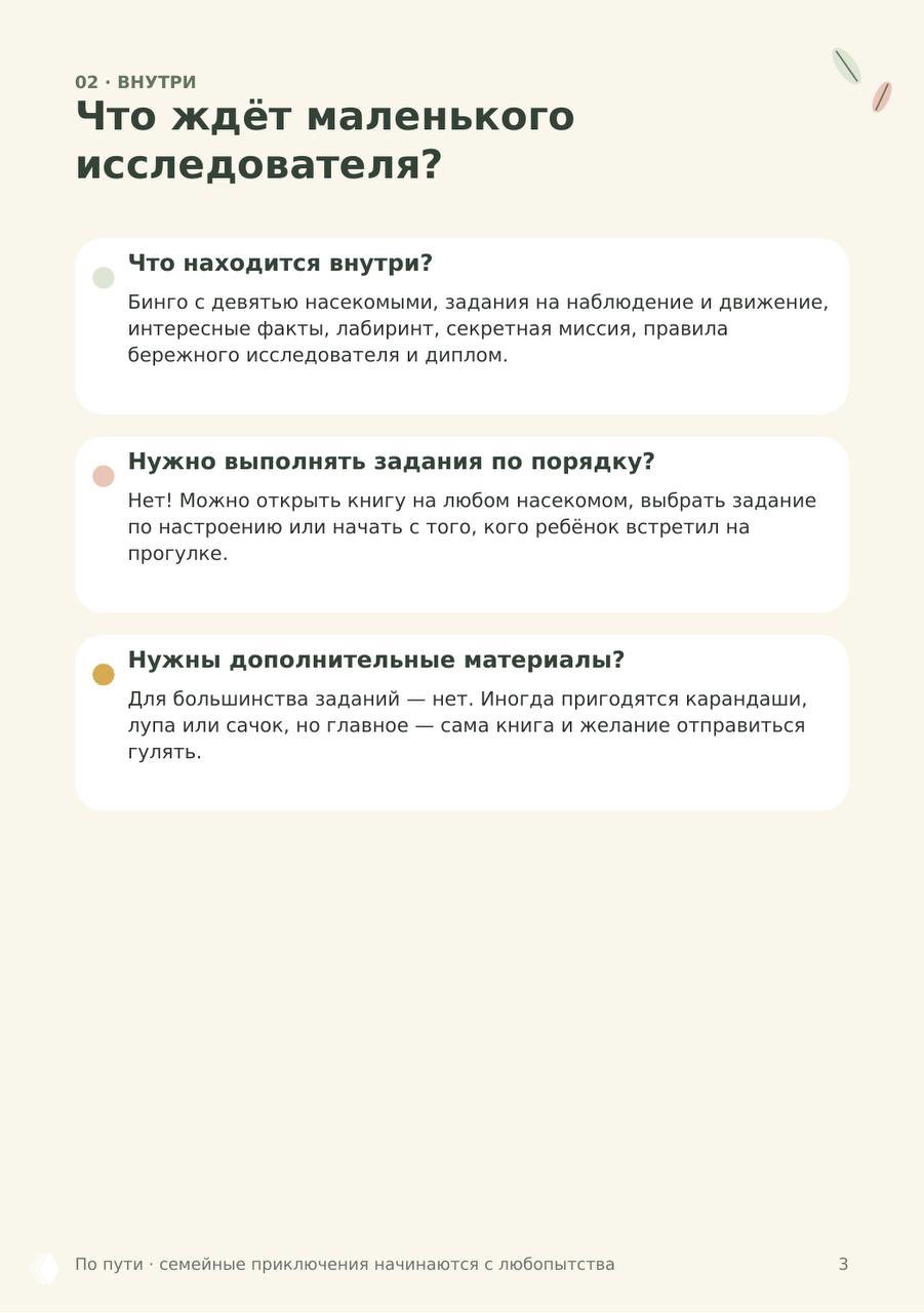 Страница «Что ждёт маленького исследователя?» — описание бинго, заданий на наблюдение и движению, адаптация под возраст ребёнка.