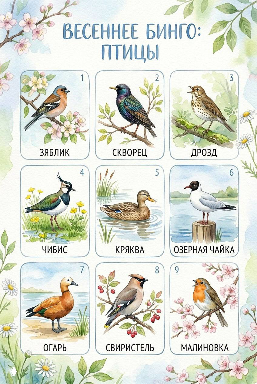 Весеннее бинго — карточки птиц, цветов и деревьев