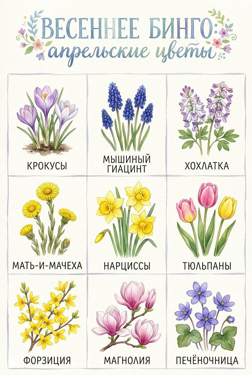 Иллюстрация «Весеннее бинго: апрельские цветы» — девять акварельных изображений (крокусы, нарциссы, тюльпаны и др.) для поиска цветов на прогулке.