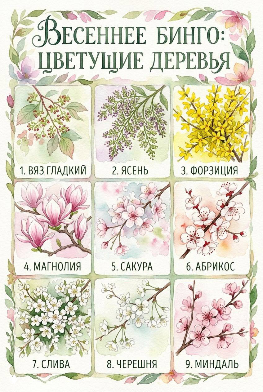 Иллюстрация «Весеннее бинго: цветущие деревья» — девять акварельных зарисовок (магнолия, сакура, абрикос и др.) с подписями для семейных прогулок.
