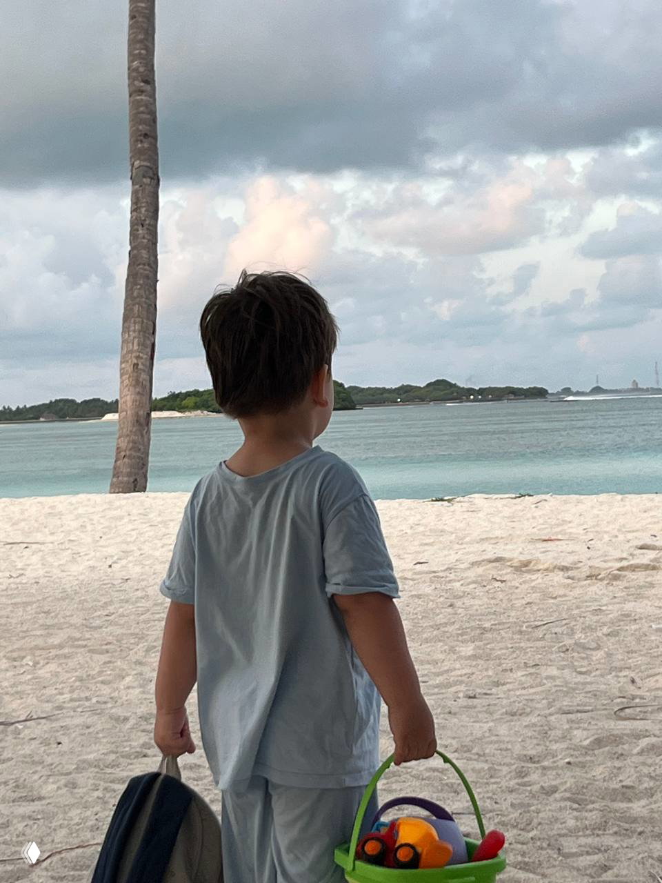 Ребёнок стоит спиной на белом песке и держит ведёрко и набор игрушек, на фоне — пальма, спокойное море и пасмурное небо перед закатом.