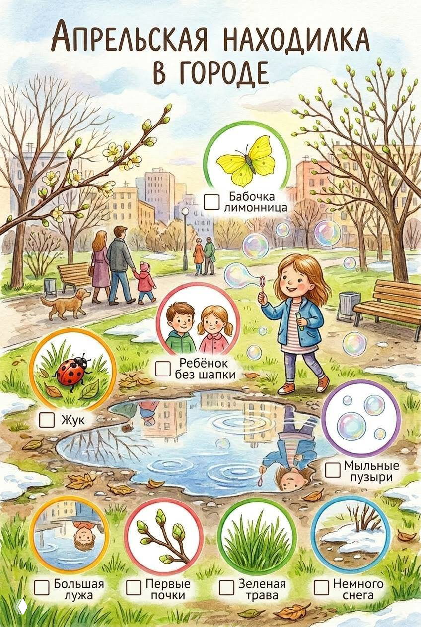 Иллюстрация весенней прогулки в городе: дети у лужи, мыльные пузыри, божья коровка, лимонница и первые почки на деревьях.