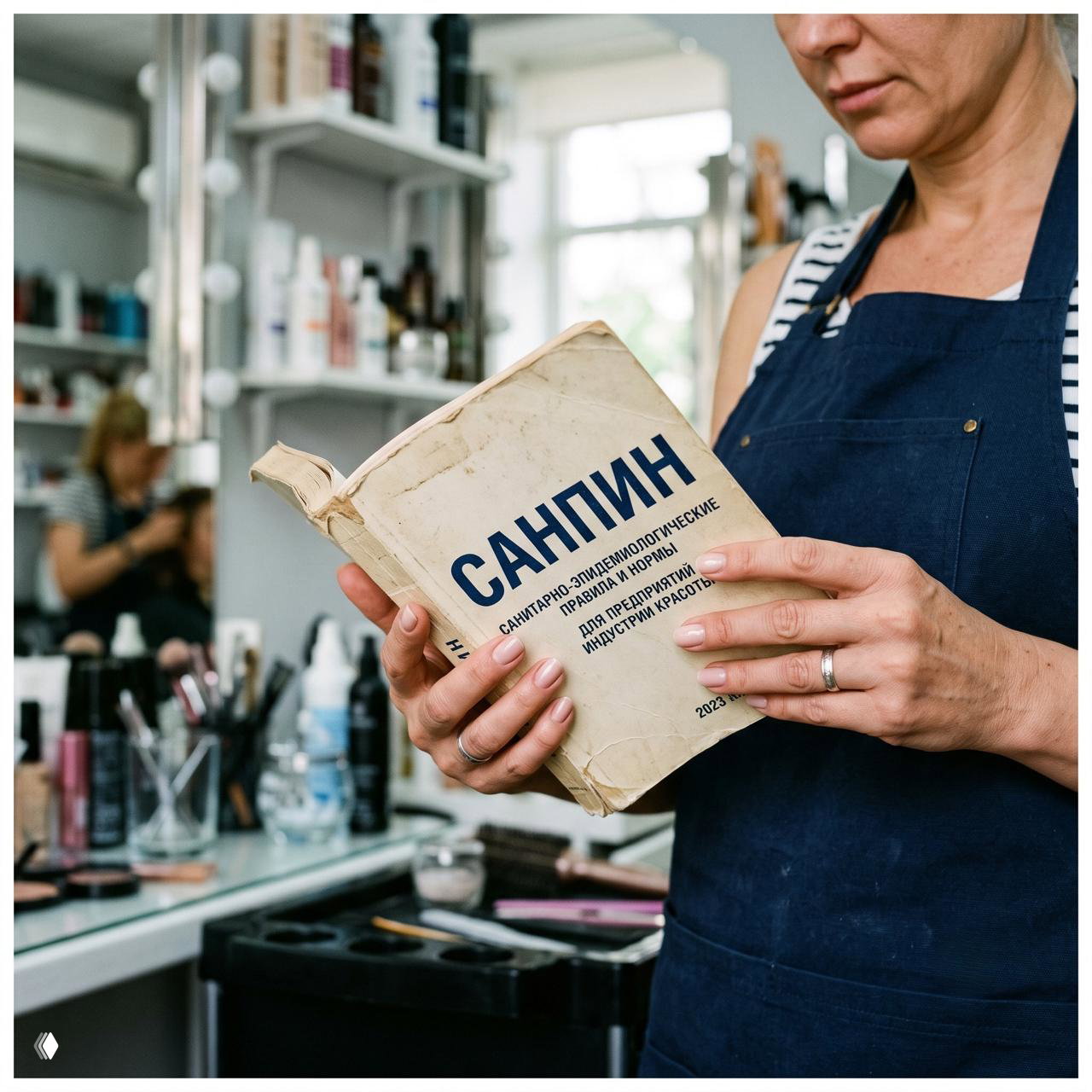 Мастер в фартуке держит книгу «САНПИН» в салоне; на заднем плане стол с инструментами, флаконами и косметикой.