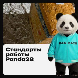 Фирменный визуал Panda28: талисман-панда в голубой толстовке рядом с надорванной картонной посылкой на снежной/грязной поверхности.
