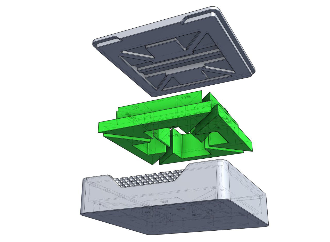 Взрыв-схема сборки: крышка, верхний прижимной ложемент и набор зелёных шаблонов показаны в разнесённом виде для понимания последовательности сборки.