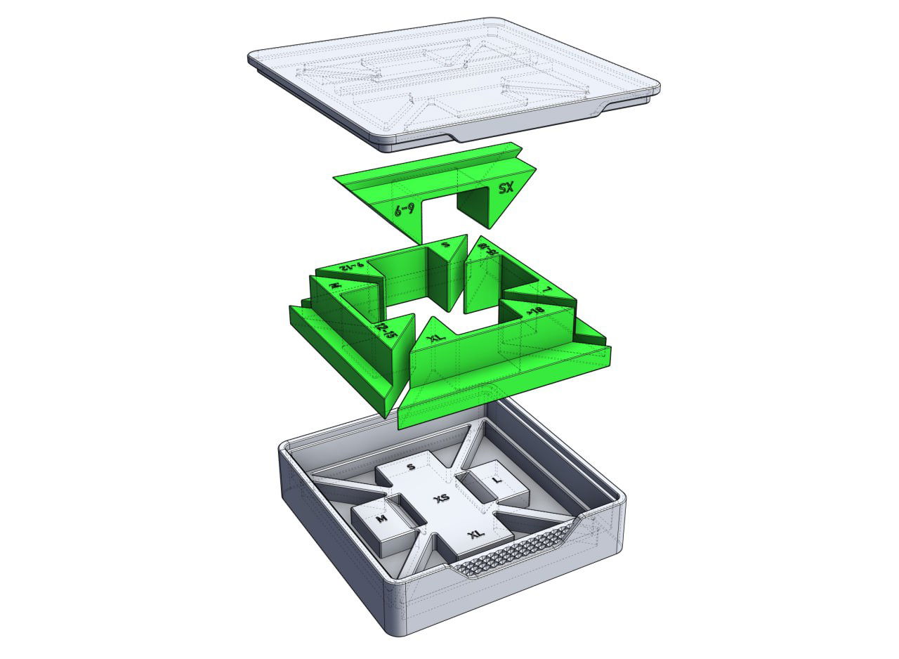 Развернутый вид сборки по слоям: крышка, верхний и нижний ложементы и печатные шаблоны расположены вертикально для демонстрации компоновки и порядка монтажа.