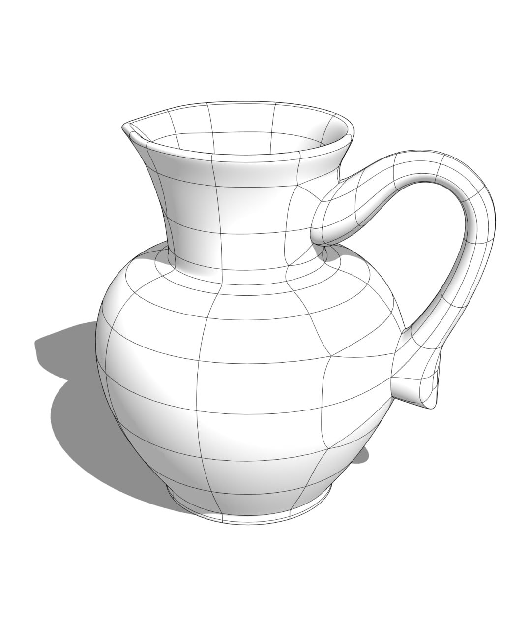 Трёхмерная модель кувшина в SketchUp под другим ракурсом; видна топология поверхности и швы полигонажной сетки на корпусе.