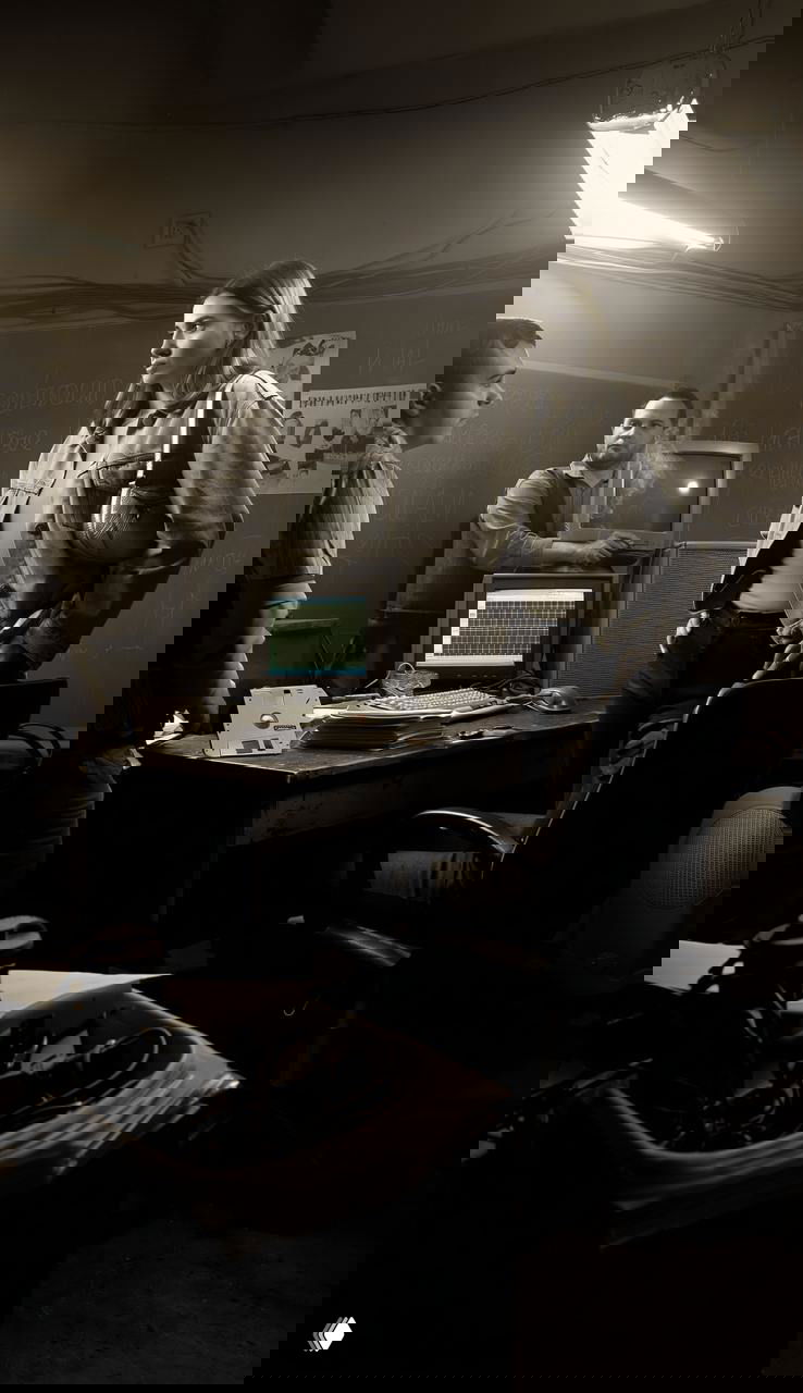 Черно‑белая сцена офиса: несколько людей у столов, старые мониторы и факс, атмосфера рабочего совещания в ретро‑стиле.