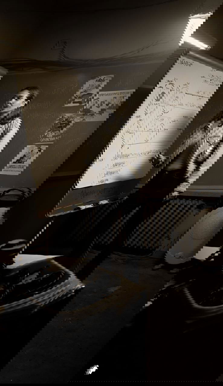 Женщина у флипчарта в ретро‑офисе в стиле нуар, делает пометки на доске, вокруг хаос бумаг и старые технические приборы.