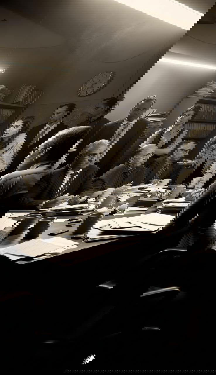 Большая переговорная комната в сепии: люди в костюмах и офисные столы с кружками, атмосферная сцена совещания из прошлого.