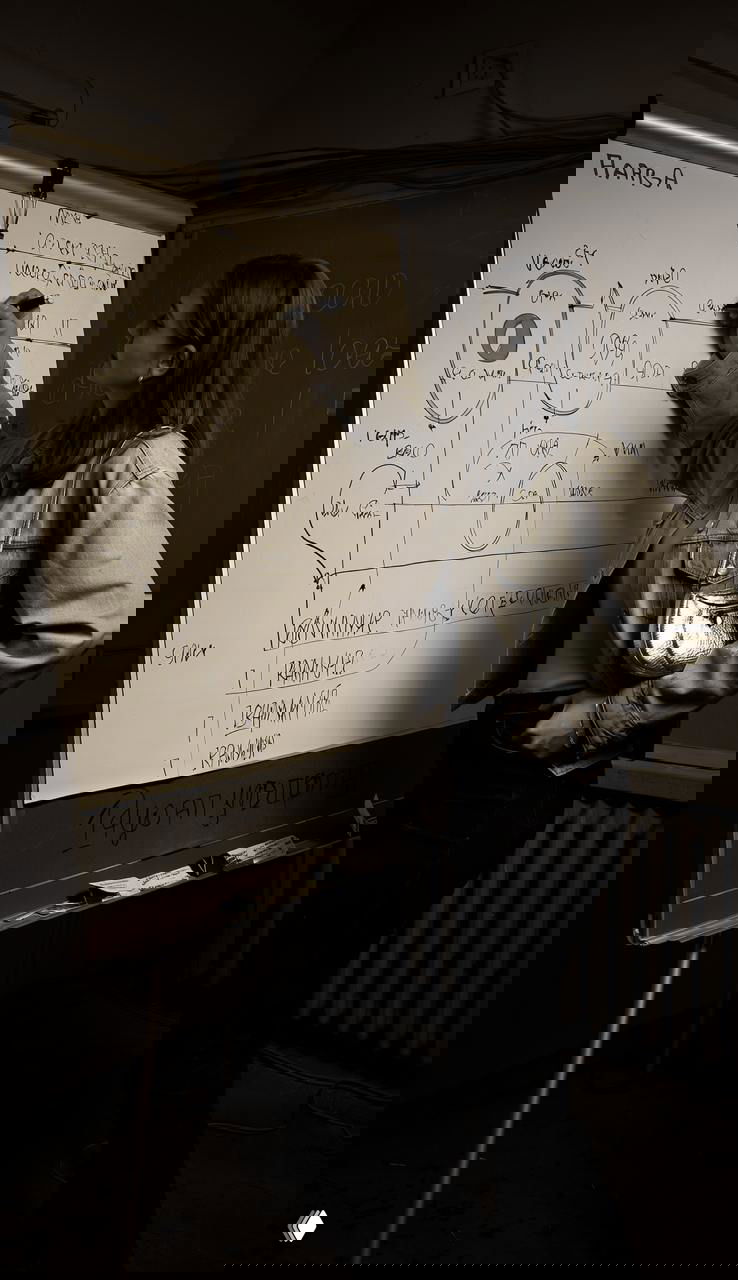 Женщина пишет на флипчарте диаграммы и заметки, вокруг — старая батарея и приглушённое освещение, подчёркнутый ретро‑антураж.