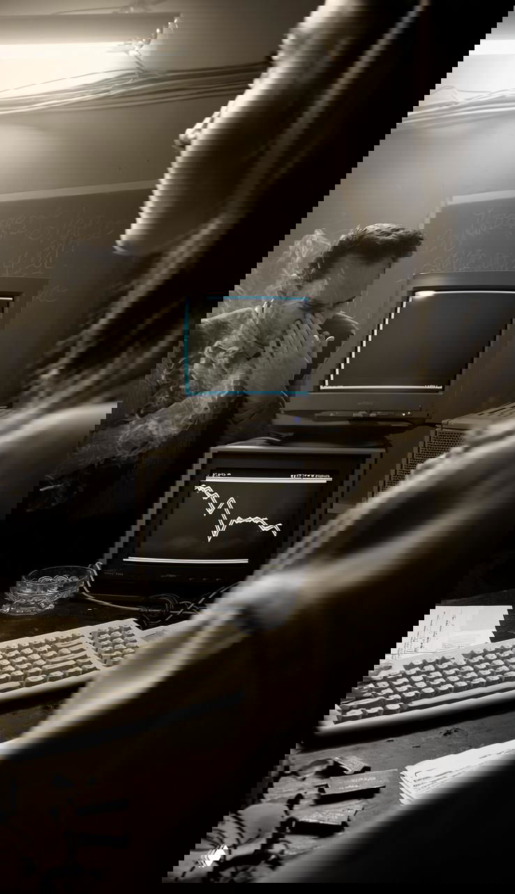 Крупный план старого компьютера с монитором и графиком на экране, курящий мужчина рядом — атмосферное нуар‑фото офиса 90‑х.