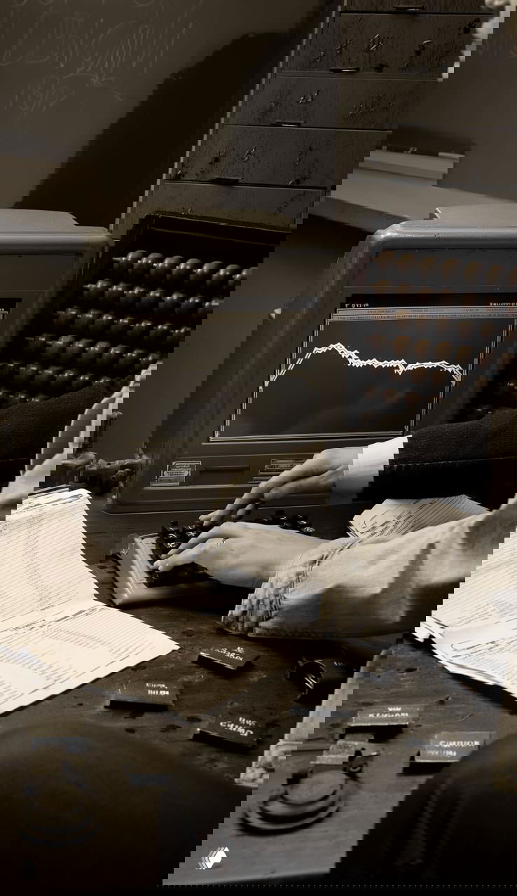 Руки человека на клавиатуре старого компьютера, рядом абак и листы с числами — ретро‑рабочее место продакта в настоящем стиле.