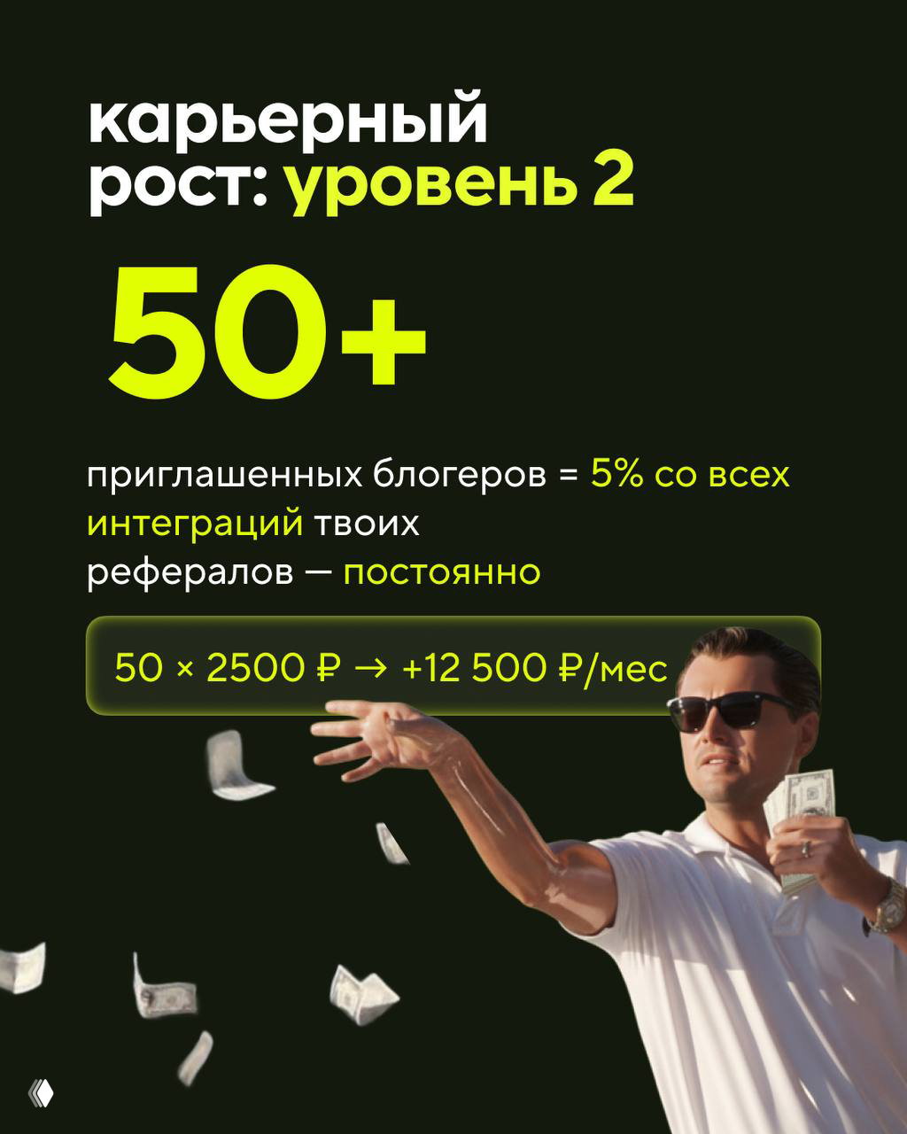 Слайд «карьерный рост: уровень 2 — 50+» с изображением человека, разбрасывающего деньги; показывает пример дохода при 50 приглашённых.