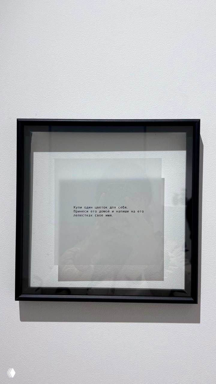 Рамка со стеклом и напечатанным текстом-инструкцией на белом фоне — часть концептуальной инсталляции выставки цветов.