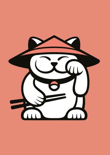 Логотип в стиле манэки-нэко на розовом фоне — графическое изображение кошки с палочками, возможно брендовая картинка доставки или упаковки