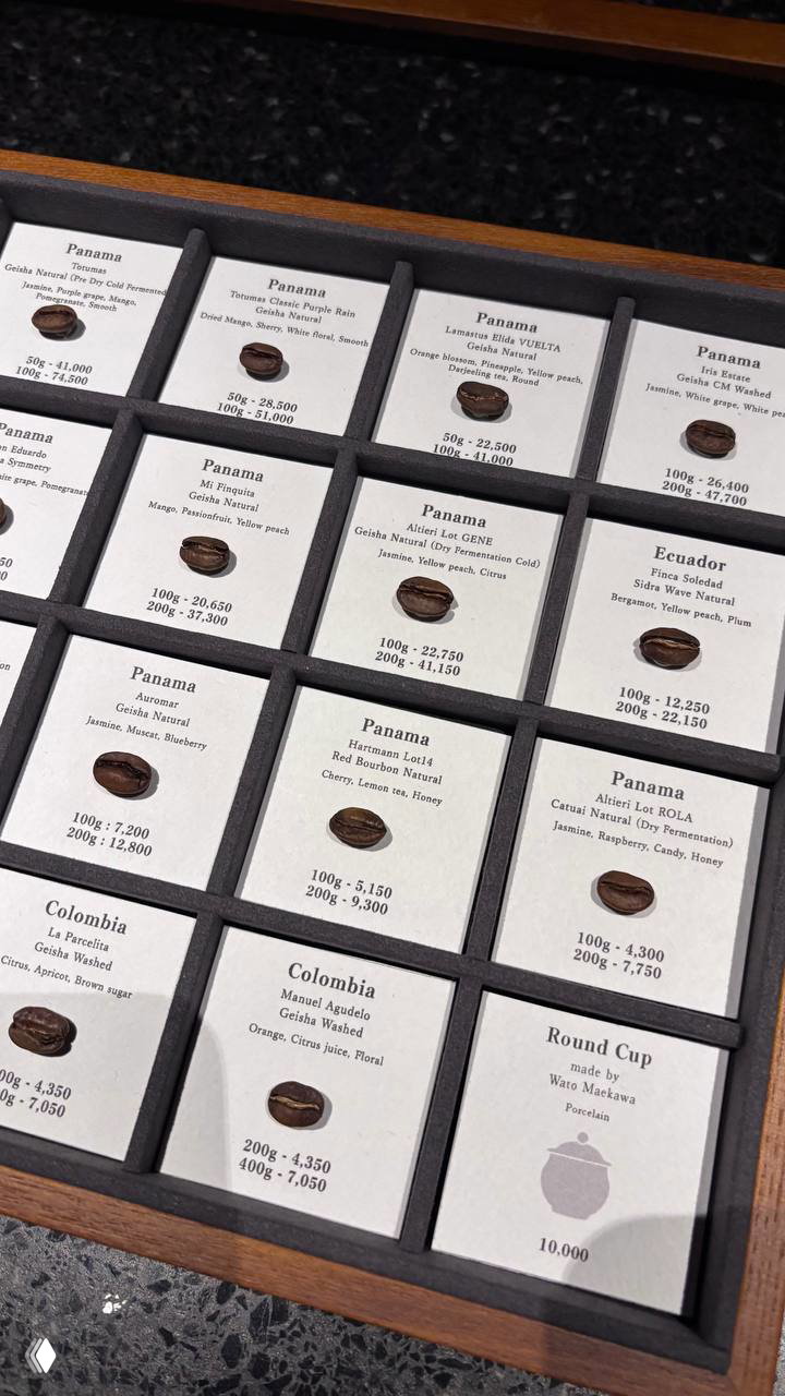 Деревянный лоток с карточками сортов кофе и небольшими образцами зёрен: надписи Panama, Ecuador, Colombia и указание веса/цены.