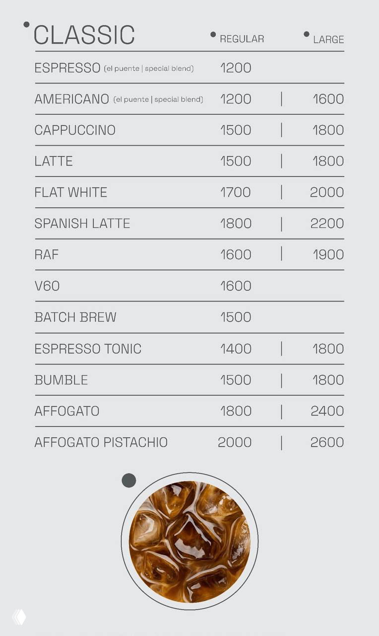 Крупный план меню кофейни Fein с перечнем классических напитков и указанием цен в местной валюте, минималистичный шрифт и макет