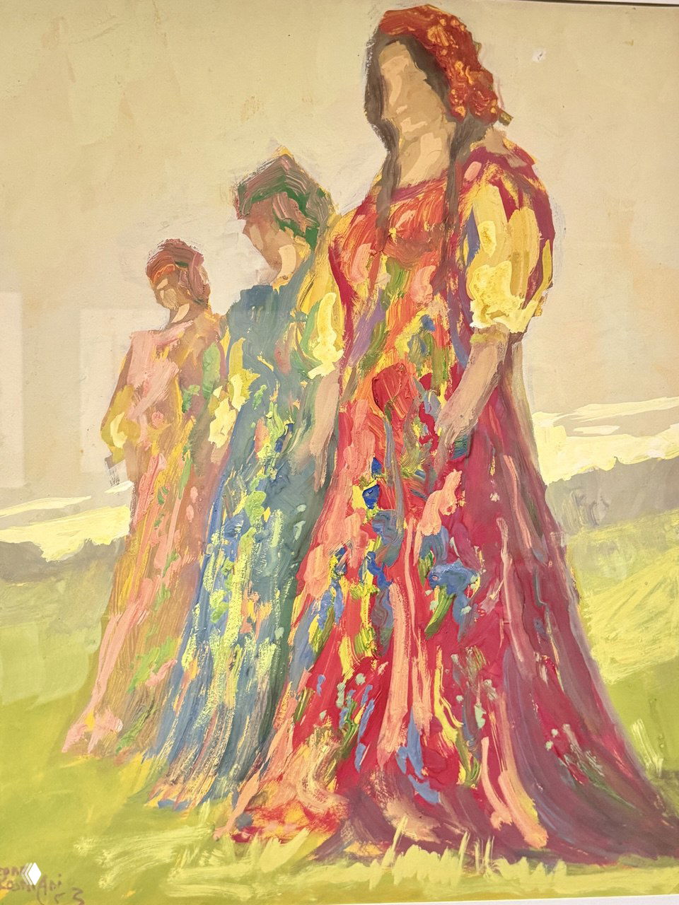 Крупный план колоритной картины с фигурами в ярких национальных платьях, насыщенные мазки и живые краски на холсте.