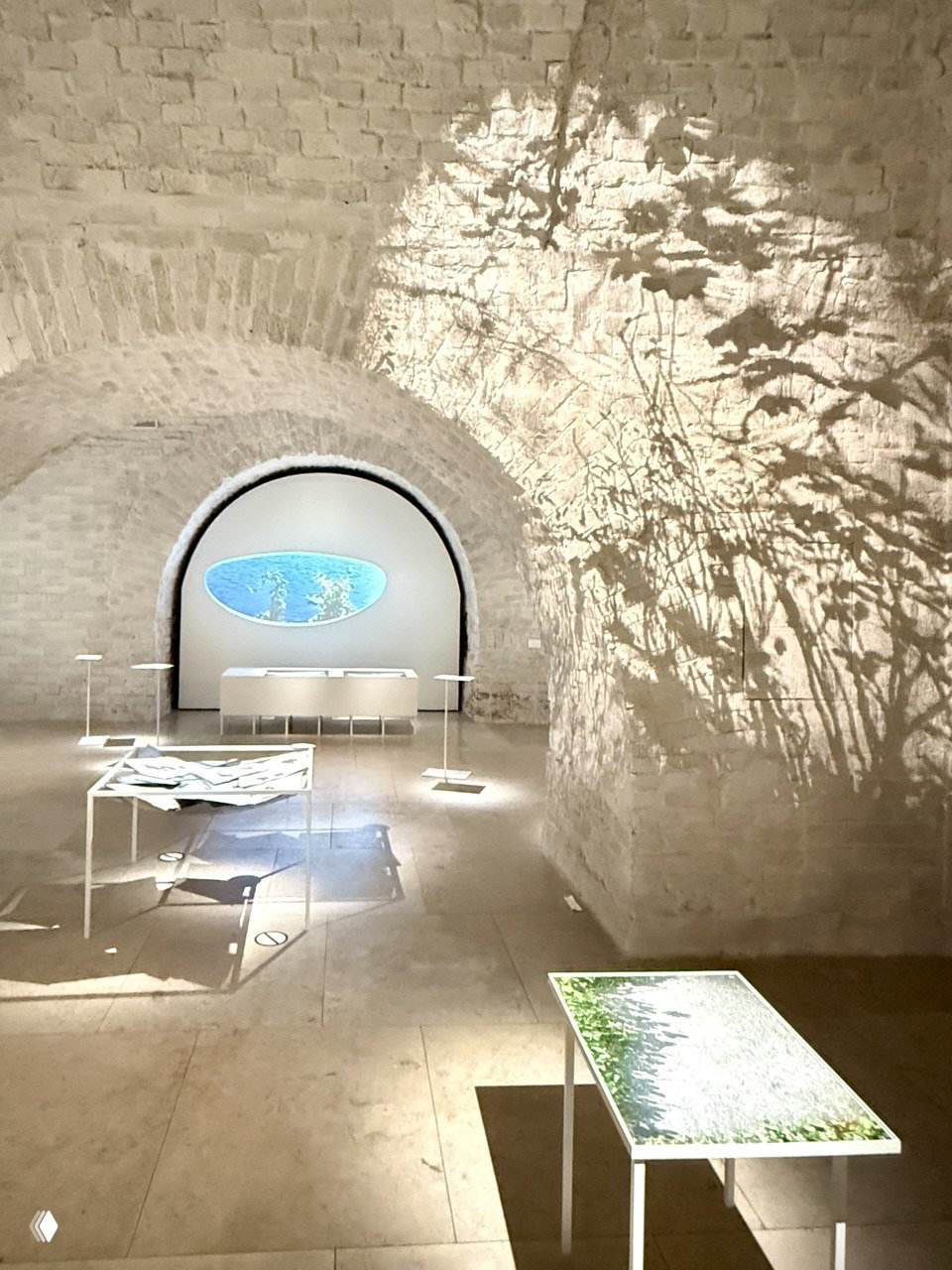 Интерьер галереи AzArt: сводчатые белые кирпичные арки, столы с экспонатами и световые тени — атмосфера выставки «С листа».